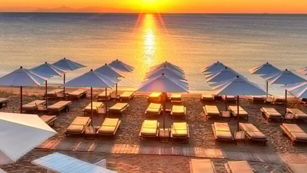 Een strand met ligbedden en parasols, een zonsondergang en een kalme zee.