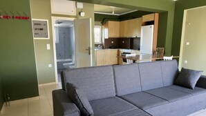 A living room with a grey sofa, a kitchen area with wooden cabinets, and a bathroom with a shower and toilet.