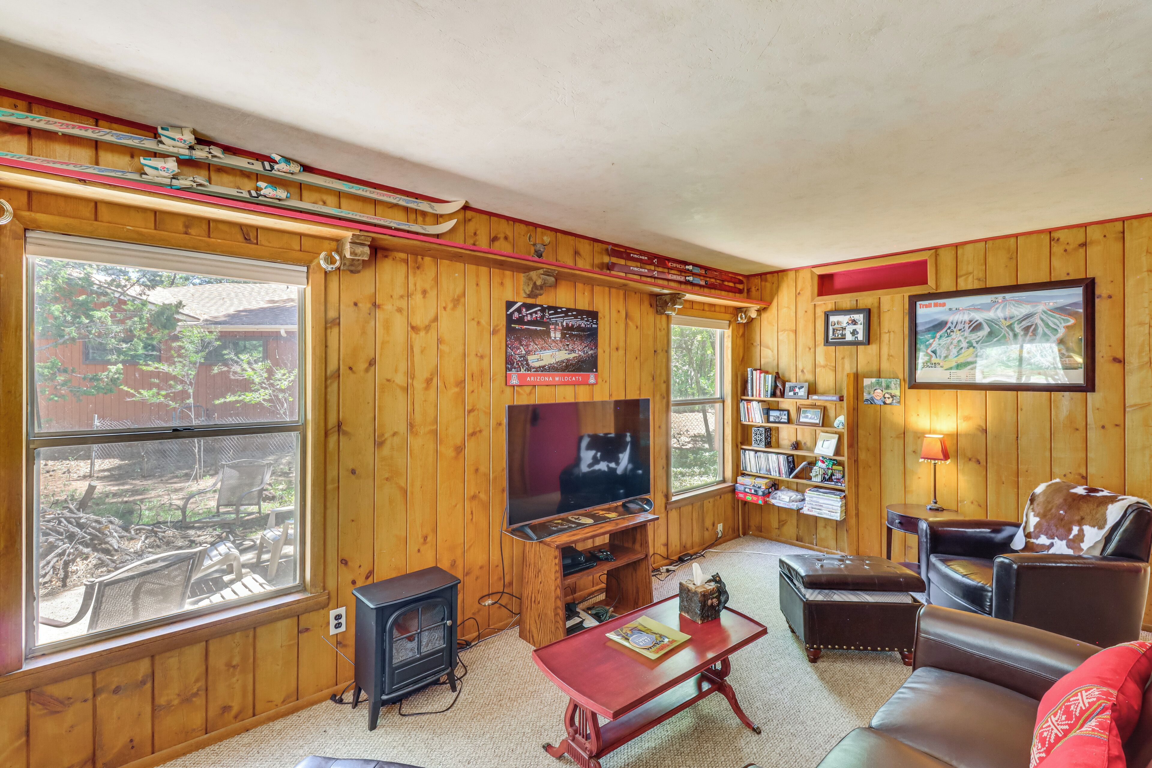 A wooden-paneled room with a television, a fireplace, a bookshelf, and a large window.