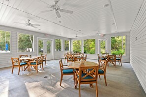 Eine überdachte Terrasse mit Holztischen und -stühlen, Deckenventilatoren und großen Fenstern.