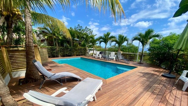 A wooden deck with a pool, lounge chairs, and palm trees. - Le Paille en Queue : Studio with sea view and saltwater swimming pool, quiet garden with trees (Saint-Leu)