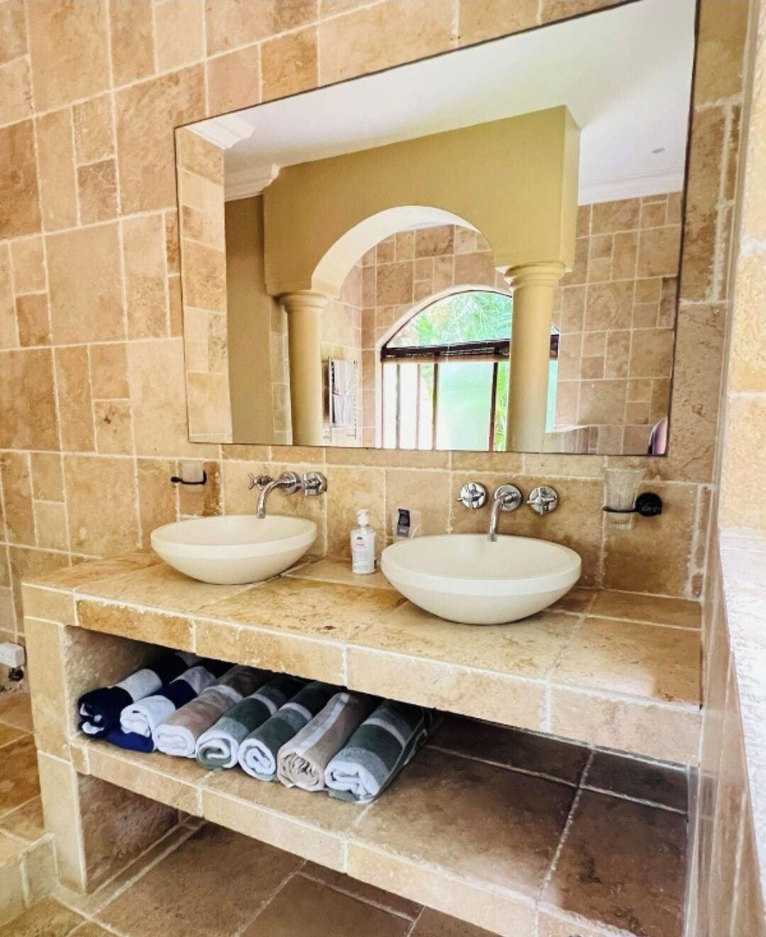 Shower, jetted bath, towels, soap