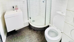 Ein Badezimmer mit einer Duschkabine, einem weißen Waschbecken und einer Toilette.