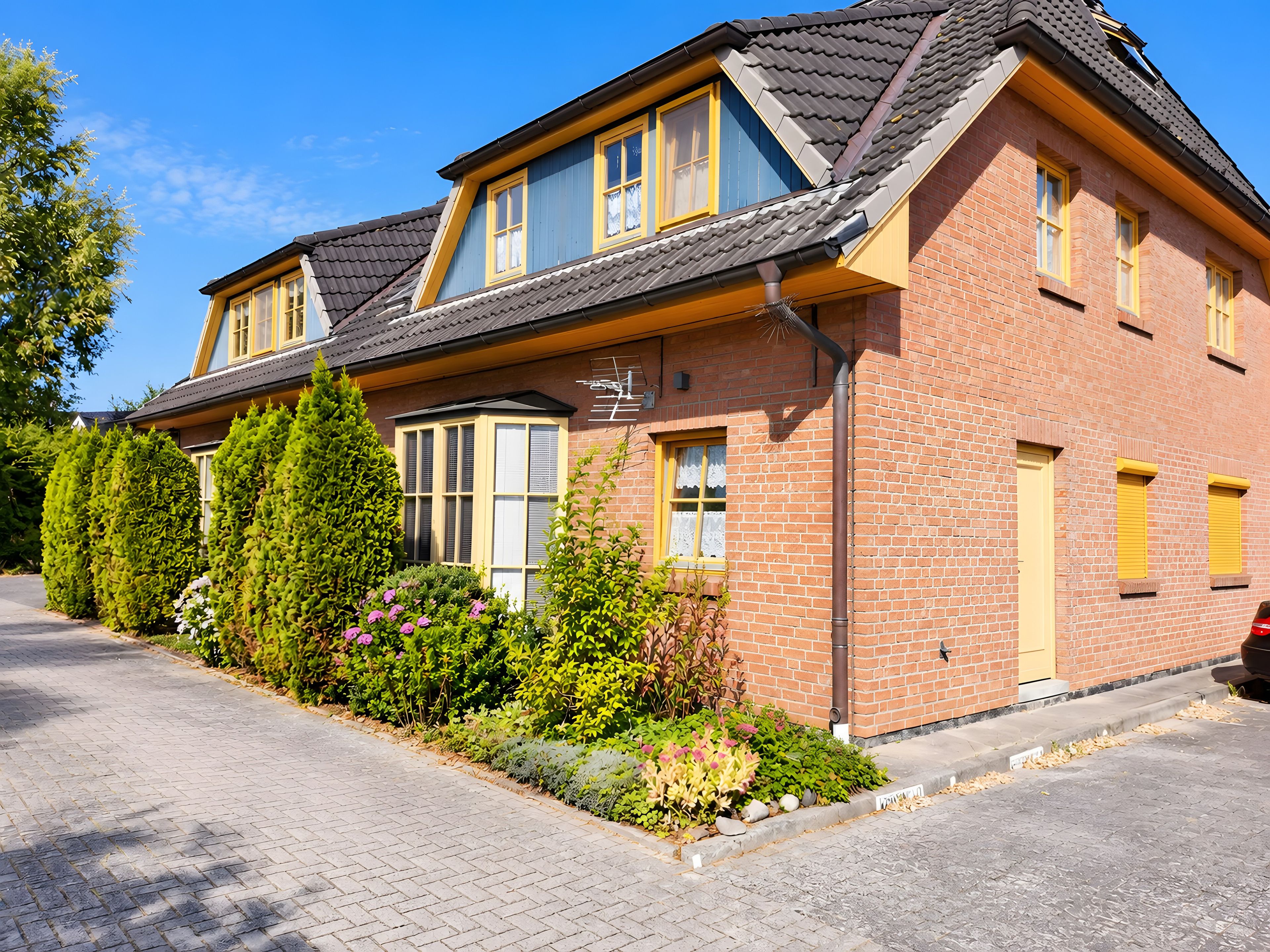 Ein zweigeschossiges Haus mit Ziegelaußenwand, gelben Fensterrahmen und einem kleinen Garten mit verschiedenen Pflanzen und Blumen.