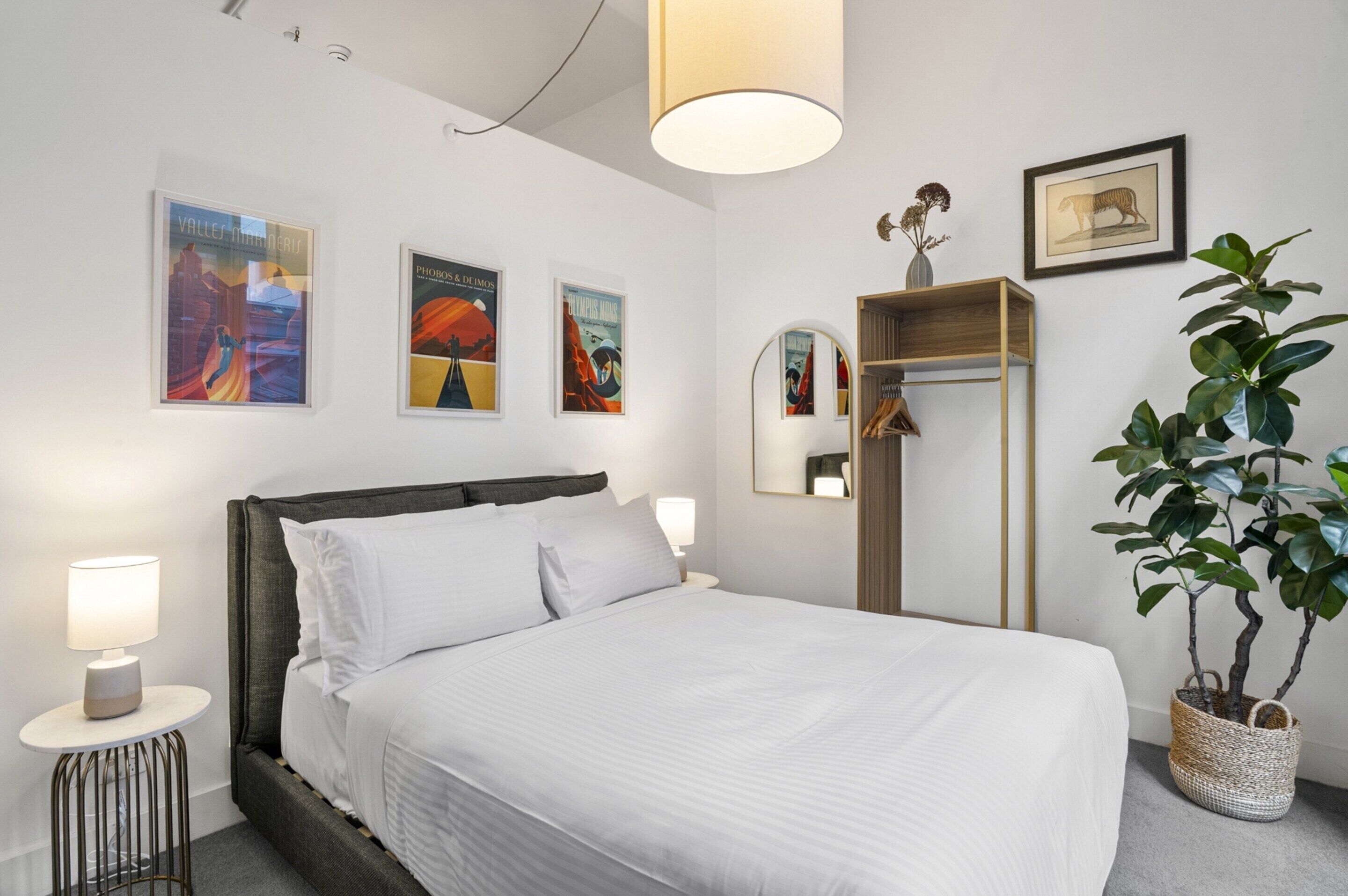 A neatly arranged hotel room with a bed, bedside lamps, a mirror, wall art, and a potted plant.