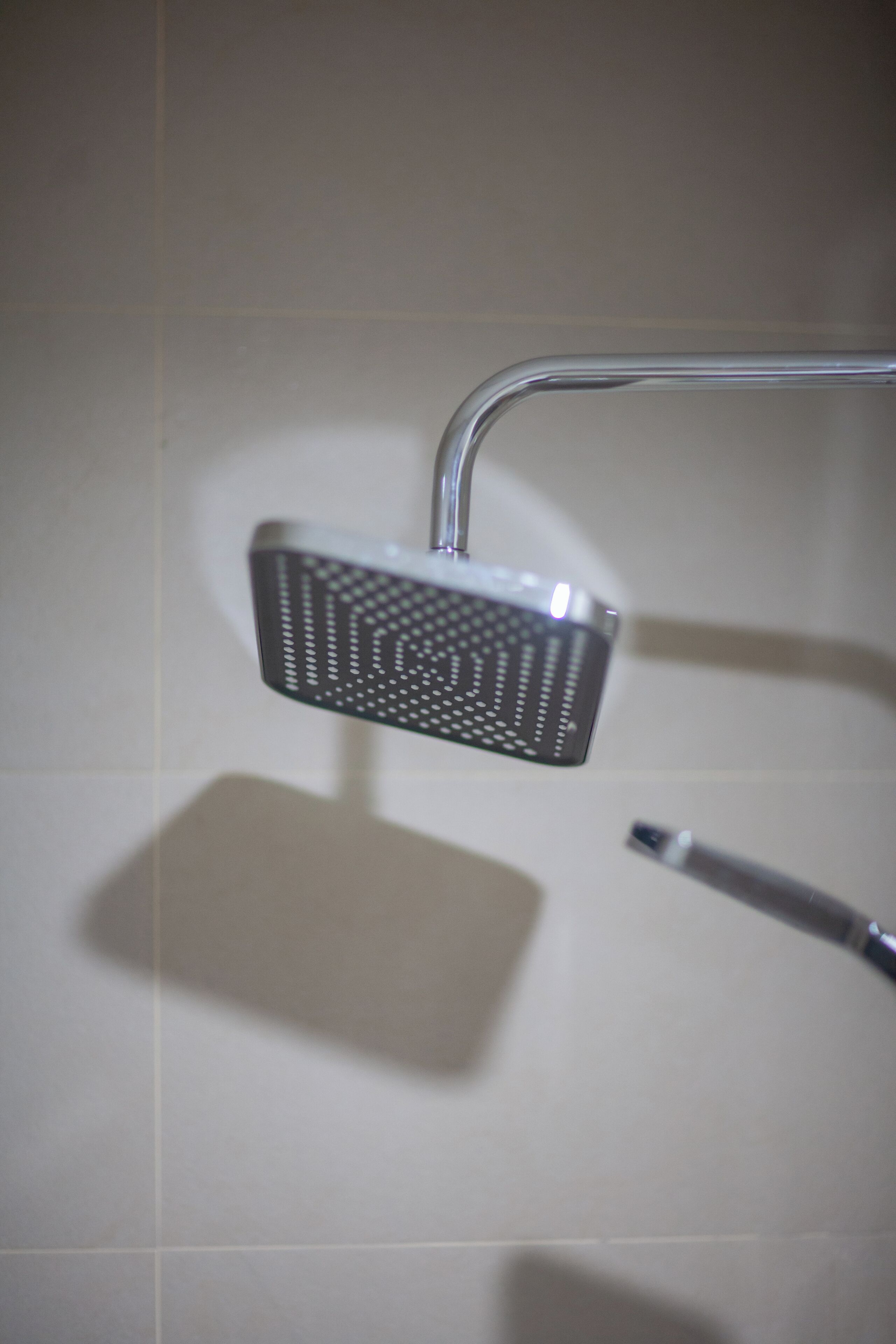 A showerhead with a curved handle and a single-handle control.
