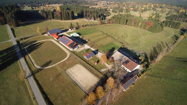 Luftaufnahme eines ländlichen Anwesens mit Solaranlage, einem eingezäunten Feld und einem kleinen Gebäude.