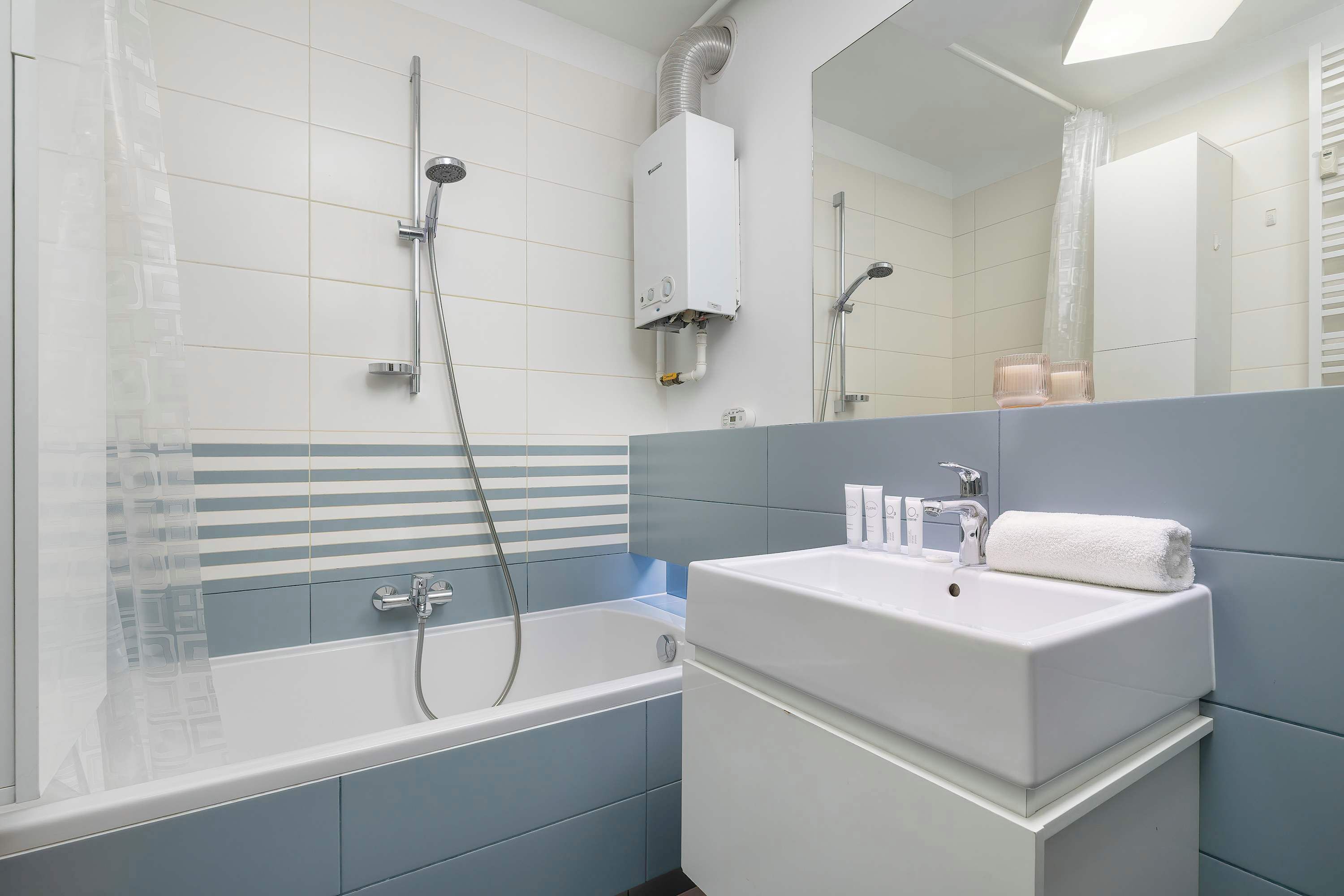 Hair dryer, towels, shampoo