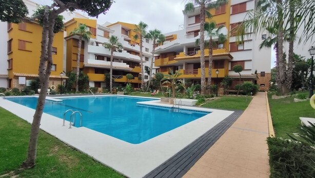 A swimming pool surrounded by a landscaped garden with palm trees and a multi-story building with balconies. - Apartment in La Recoleta Punta Prima, Communal pools and steps away from the sea (Punta Prima)