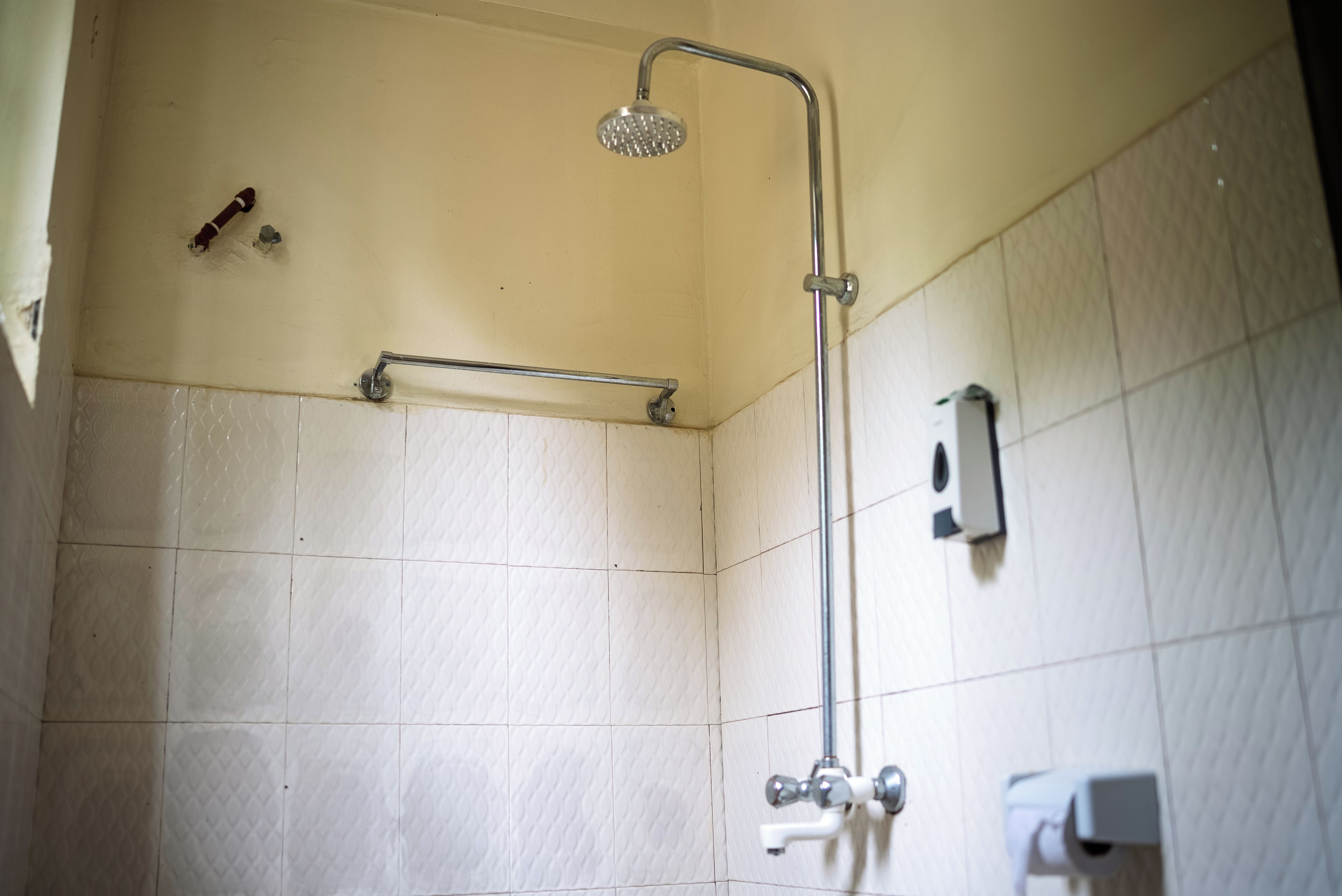 A shower area with a handheld showerhead, a towel rack, and a soap dispenser.