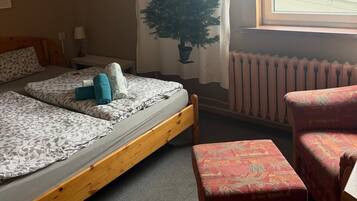 A room with two beds, a window with a view, a radiator, and a potted tree.