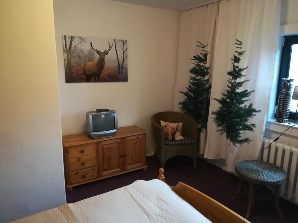 A bedroom with a bed, a wooden dresser, a television, a chair, a Christmas tree, and a window with curtains.