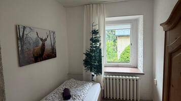 Un dormitorio pequeño con cama, radiador, ventana con vistas y un cuadro en la pared.