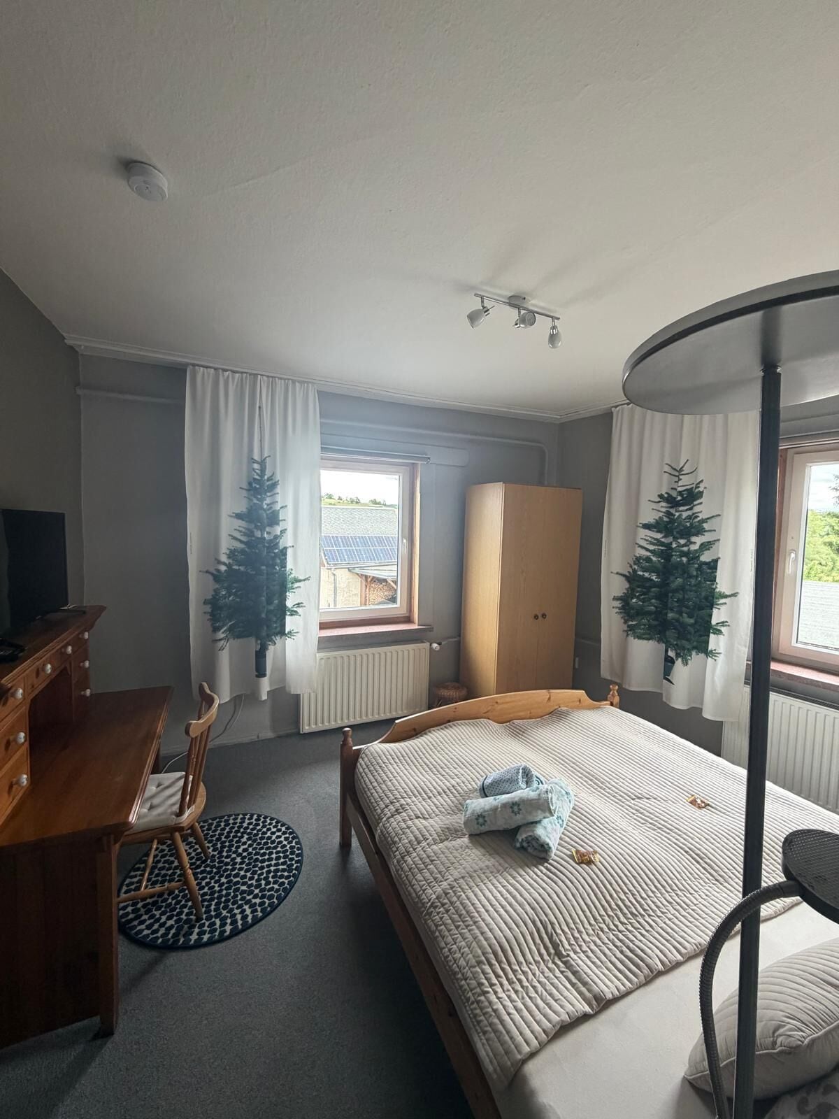 Un dormitorio con cama, escritorio, armario y radiador.