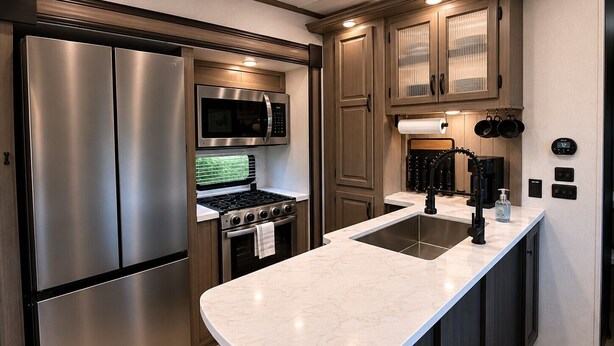 A modern kitchen with stainless steel appliances, a marble countertop, and wooden cabinetry. - The TajMyHaul, Camper in Waterside at Blue ridge! (Morganton)
