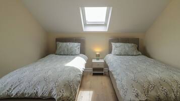 A bedroom with two beds, a skylight, and a bedside table with a lamp.