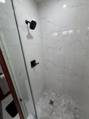 A glass-enclosed shower with a marble wall, a showerhead, and a control panel. - Blueghost Treehouse at Cherryfield Luxury Camping (Brevard)