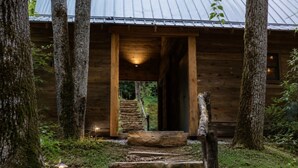 A wooden cabin with a covered entrance and a stone staircase leading to it. - Blueghost Treehouse at Cherryfield Luxury Camping (Brevard)