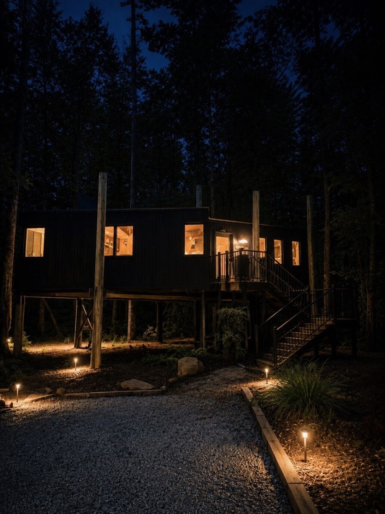 A cabin with a wooden exterior, a staircase, and a gravel driveway.