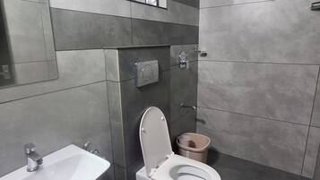 Shower, towels, soap, toilet paper