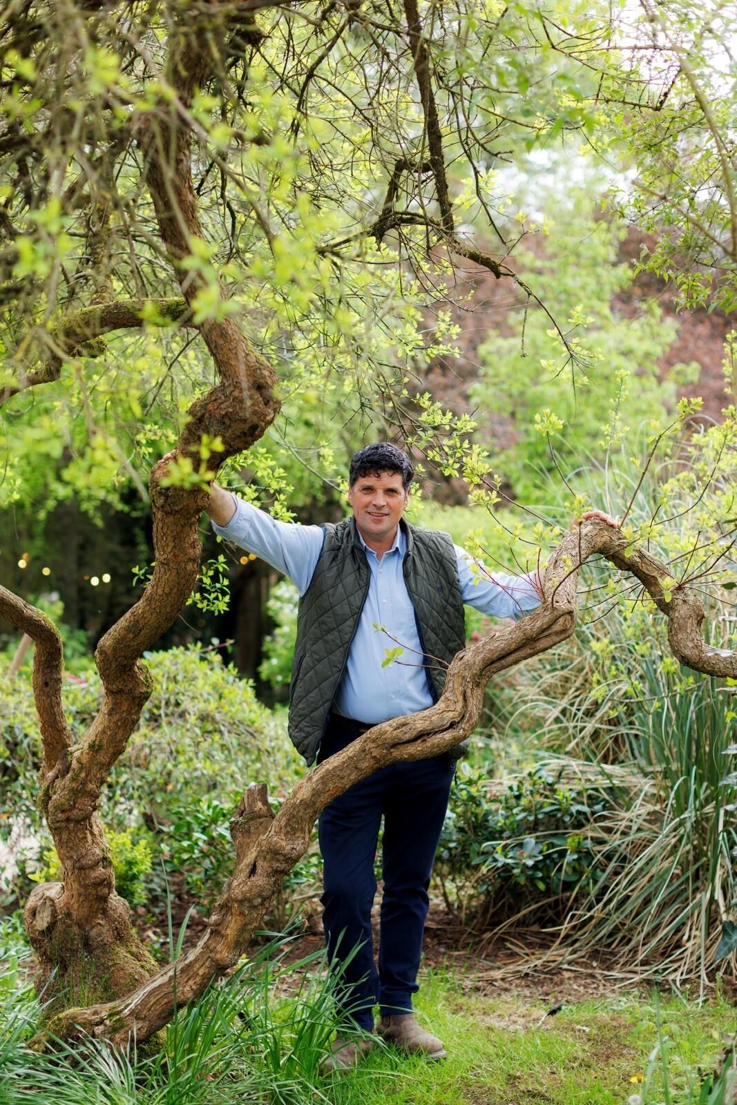 A person standing next to a large, twisted tree branch in a natural setting.