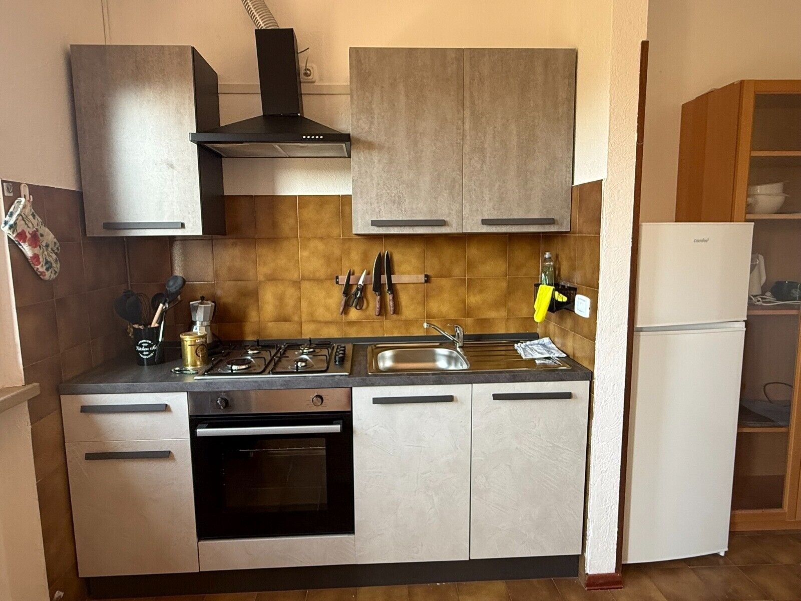 Fridge, oven, stovetop, electric kettle