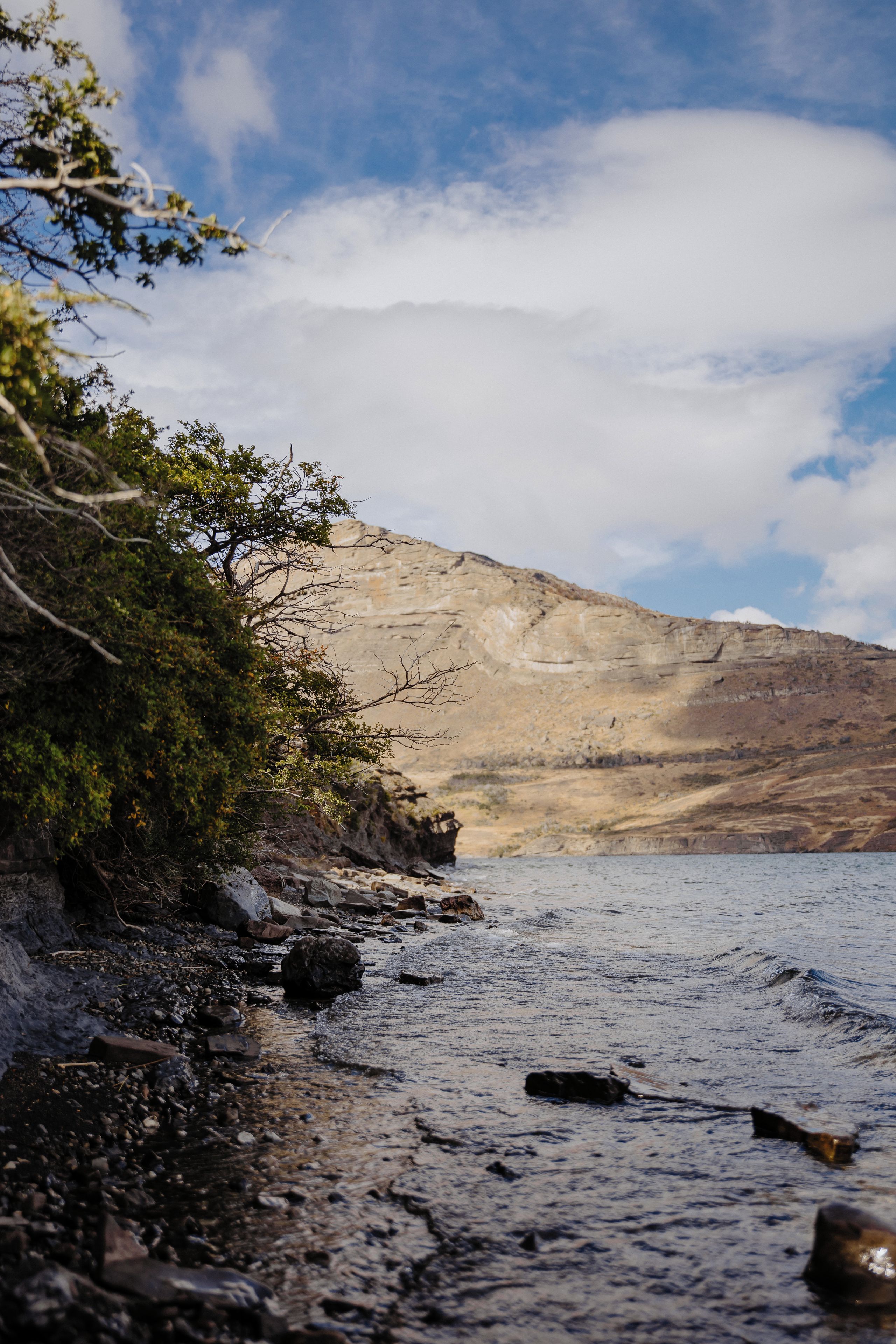 A natural landscape with a body of water, rocky shore, and a mountain in the background.