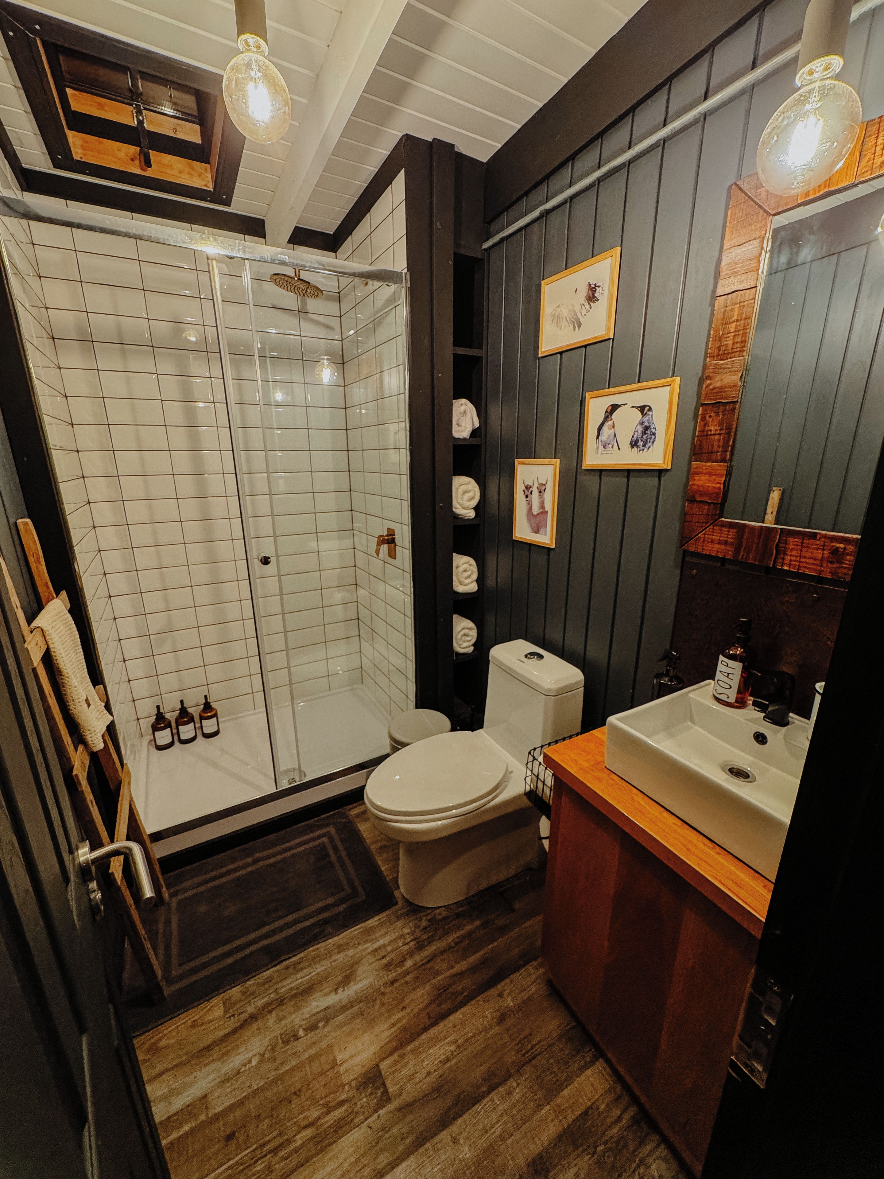 A bathroom with a shower, toilet, and sink.