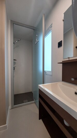 Shower, hair dryer, towels