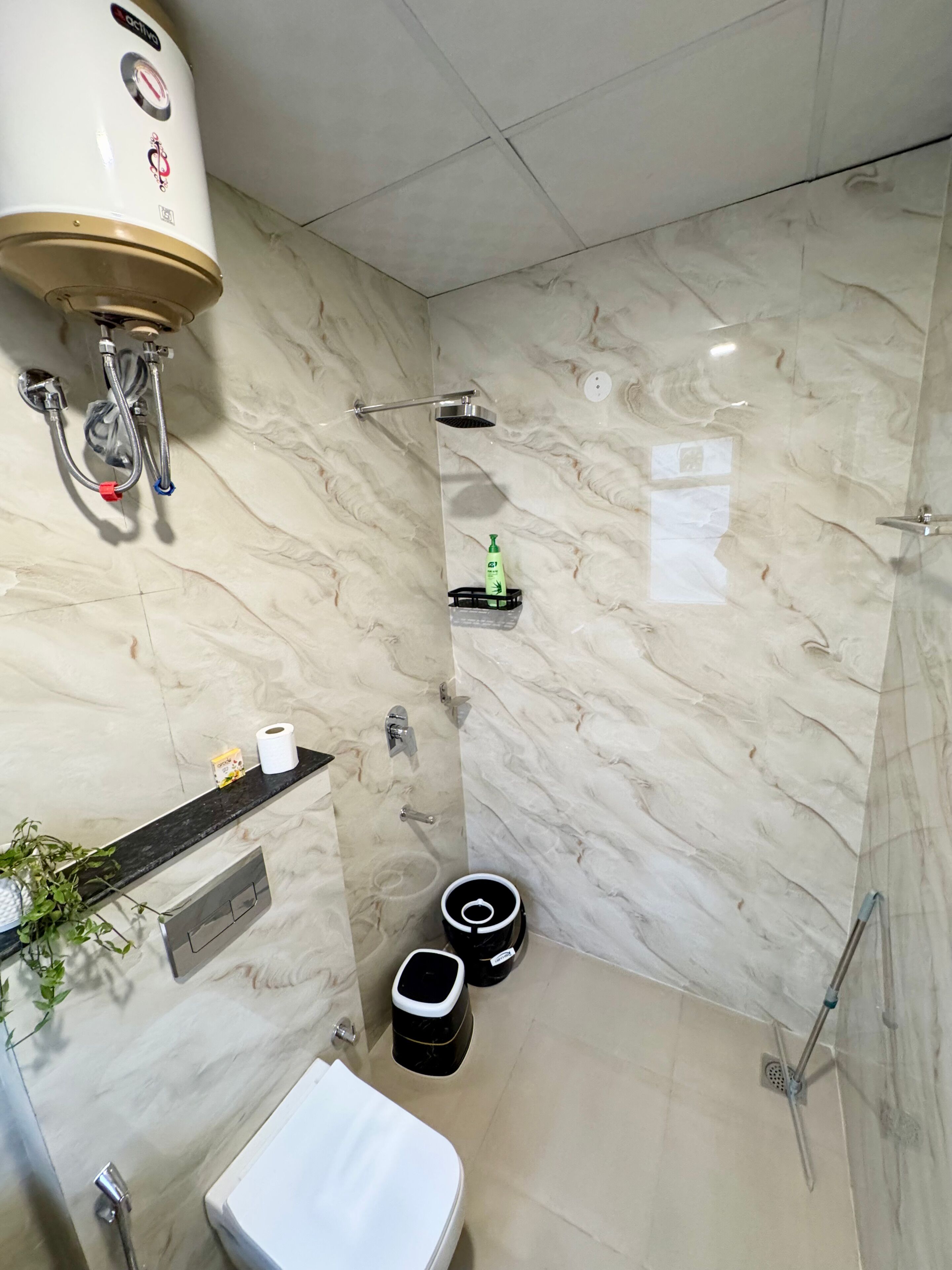 Shower, towels, soap, toilet paper