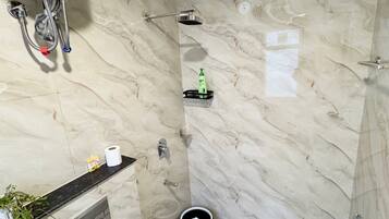 Shower, towels, soap, toilet paper