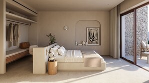A modern bedroom with a sofa bed, a bedside table, a mirror, and a view of the outdoors. - ONERO (Milos)