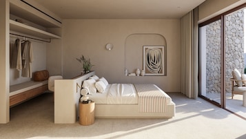 Un dormitorio moderno con sofá cama, mesita de noche, espejo y vistas al exterior.