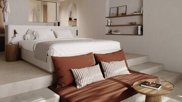 A modern bedroom with a bed, a sofa, a coffee table, and built-in shelving.
