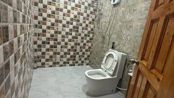 Shower, hair dryer, towels, toilet paper
