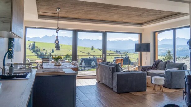 A modern living room with a large window, a flat-screen TV, and a wooden ceiling. - Large Holiday Villa With Sauna and Mountain Views (Bukowina Tatrzanska)