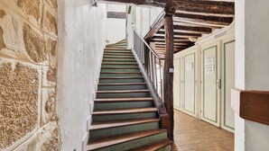 A staircase with green steps leading to a landing, flanked by stone walls and wooden beams. - Authentic and Large 1 bdr Flat - Facing Notre Dame (Paris)
