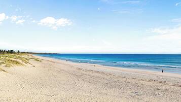 A beach with a clear sky, calm sea, and a few people walking.