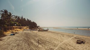 Een strand met boten, palmbomen en een heldere lucht.
