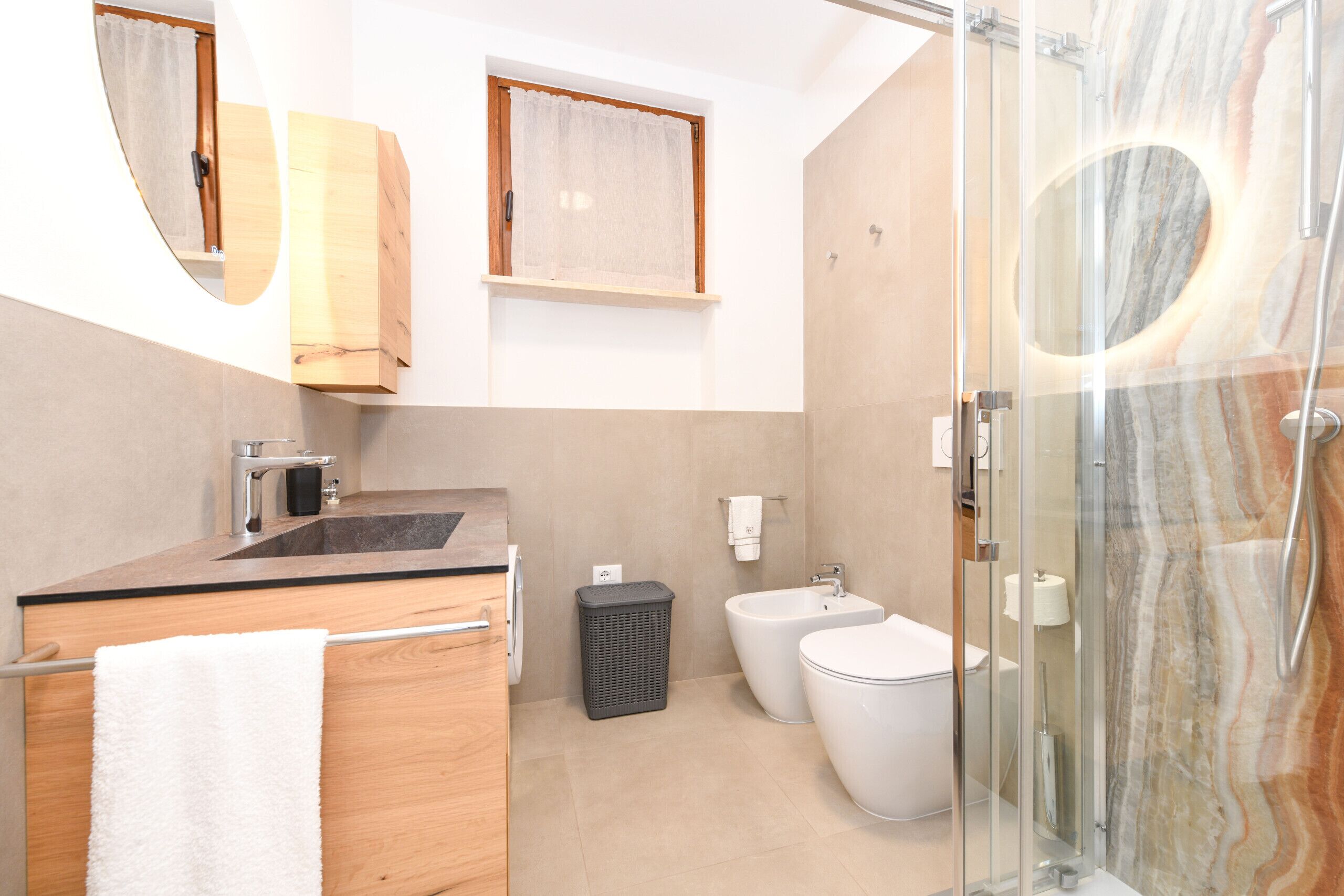 Shower, hair dryer, bidet, towels