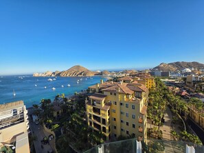 Un paysage urbain côtier avec des bâtiments, un ciel bleu dégagé et des bateaux sur l’eau.