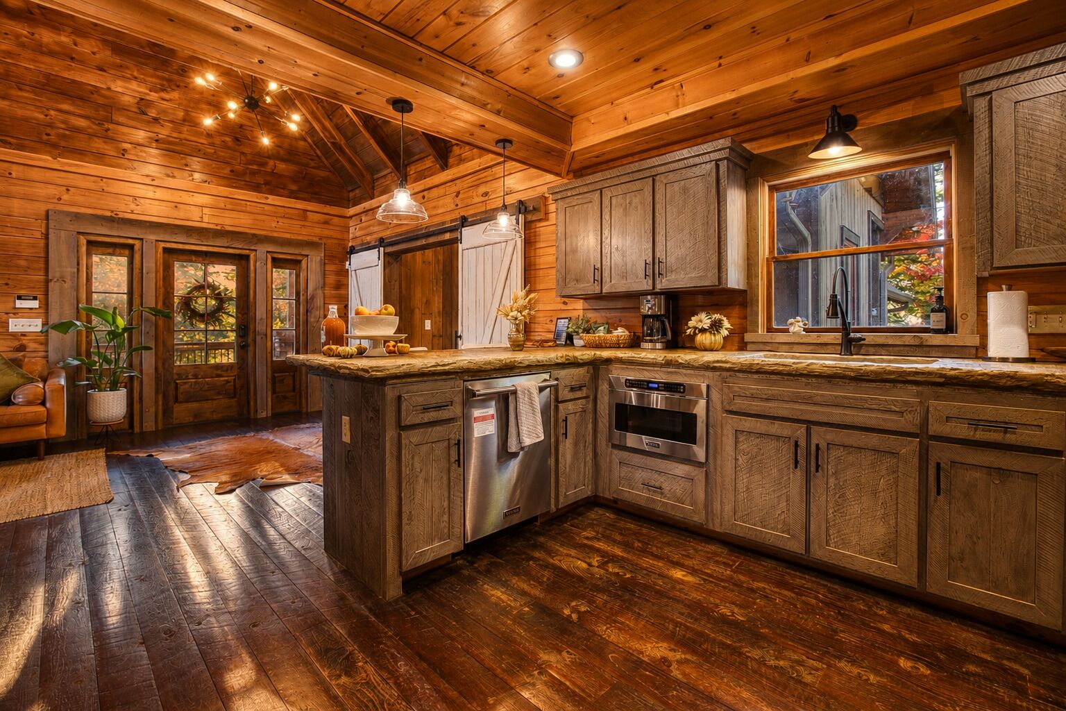 A rustic kitchen with wooden cabinets, a central island, and a built-in oven.