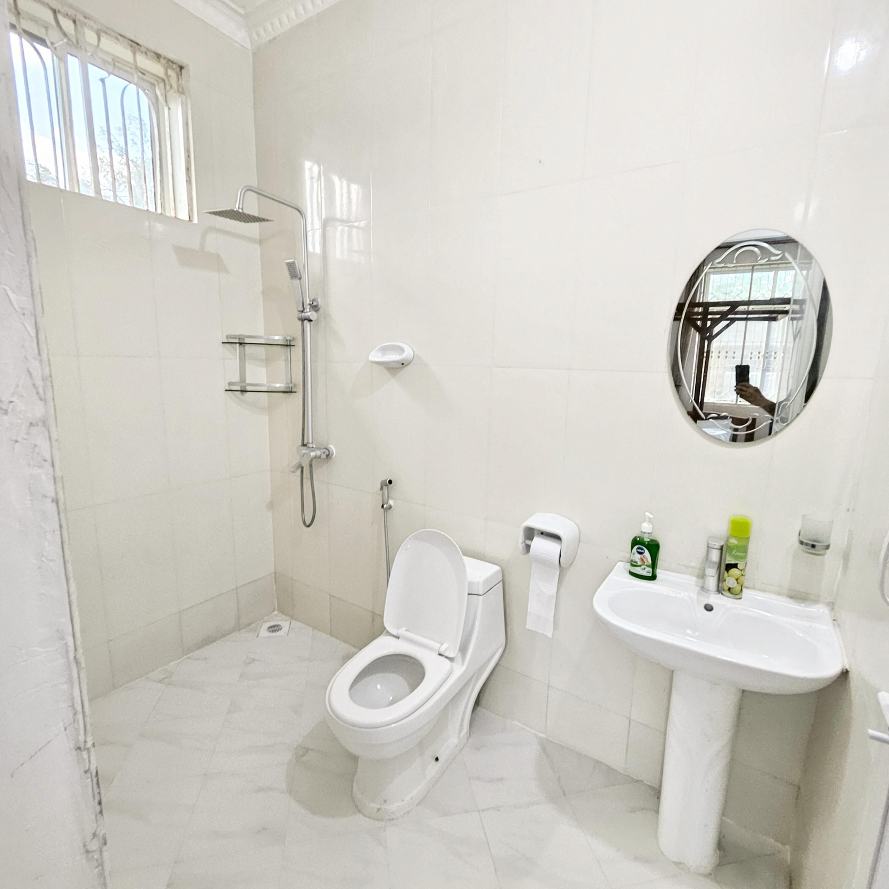A bathroom with a toilet, a shower, a sink, and a mirror.