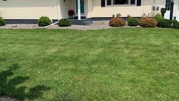 A single-story house with a front porch, a small front yard, and a driveway.