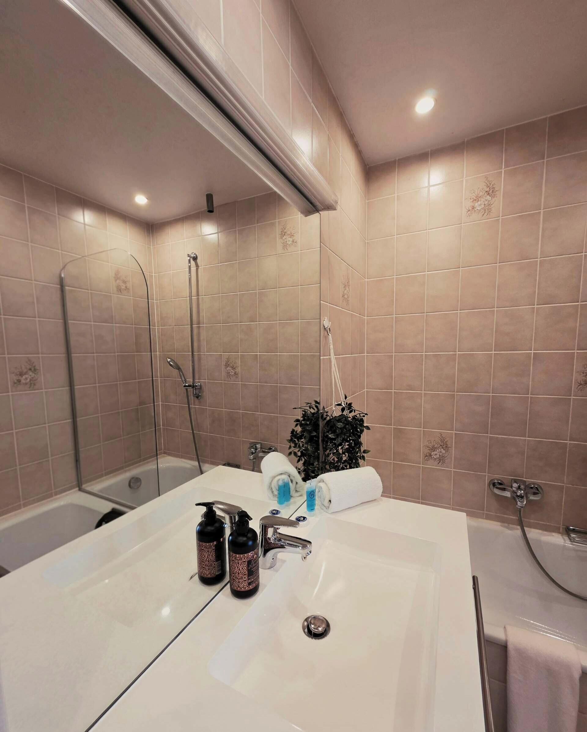 A modern bathroom with a large bathtub, a shower area, and a sink with toiletries.