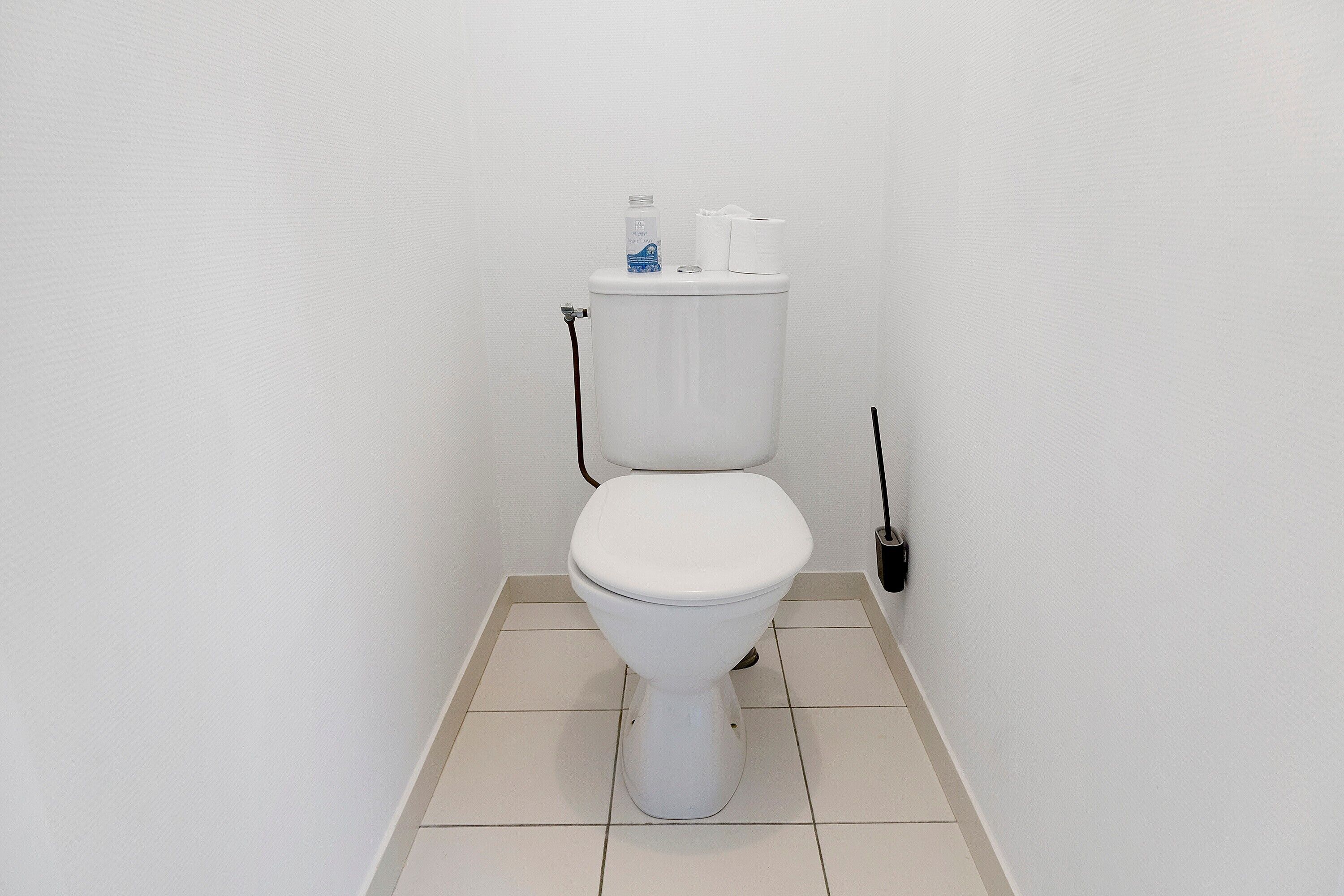 A white toilet with a bidet attachment and a toilet paper holder on top.