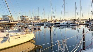En småbåtshamn med flera segelbåtar förtöjda, stilla vatten och byggnader i bakgrunden.