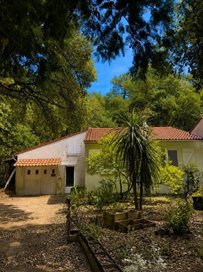 Ein rustikales Haus mit Ziegeldach, umgeben von dichtem Grün und einem Garten mit erhöhten Beeten.