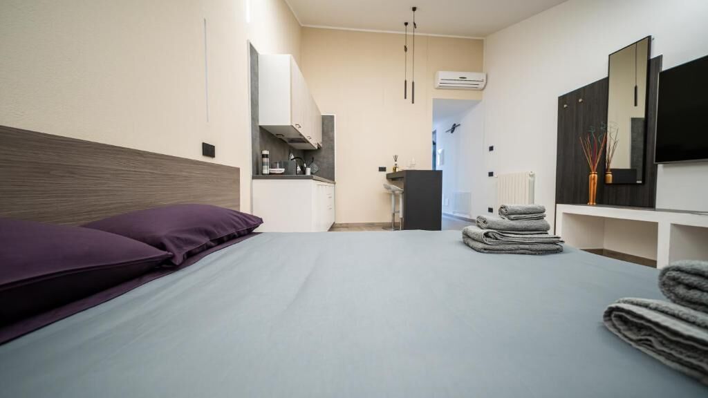 Ein Schlafzimmer mit Bett, einer kleinen Küchenzeile, einem Badezimmer und einem Fernseher.