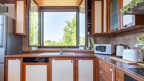 Cucina con mobili in legno, lavastoviglie integrata, microonde, tostapane e finestra vista verde.